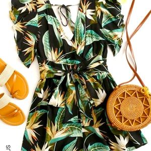 Plus Tropical Print Shirred Waist Self Tie Romper 3X 3XL 18 20